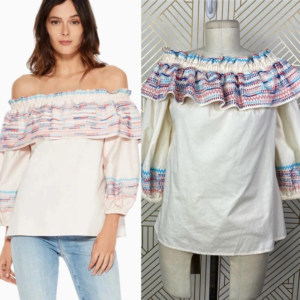 PARKER Jenay Off the Shoulder Blouse in Cream Multi Stripe Size US Small